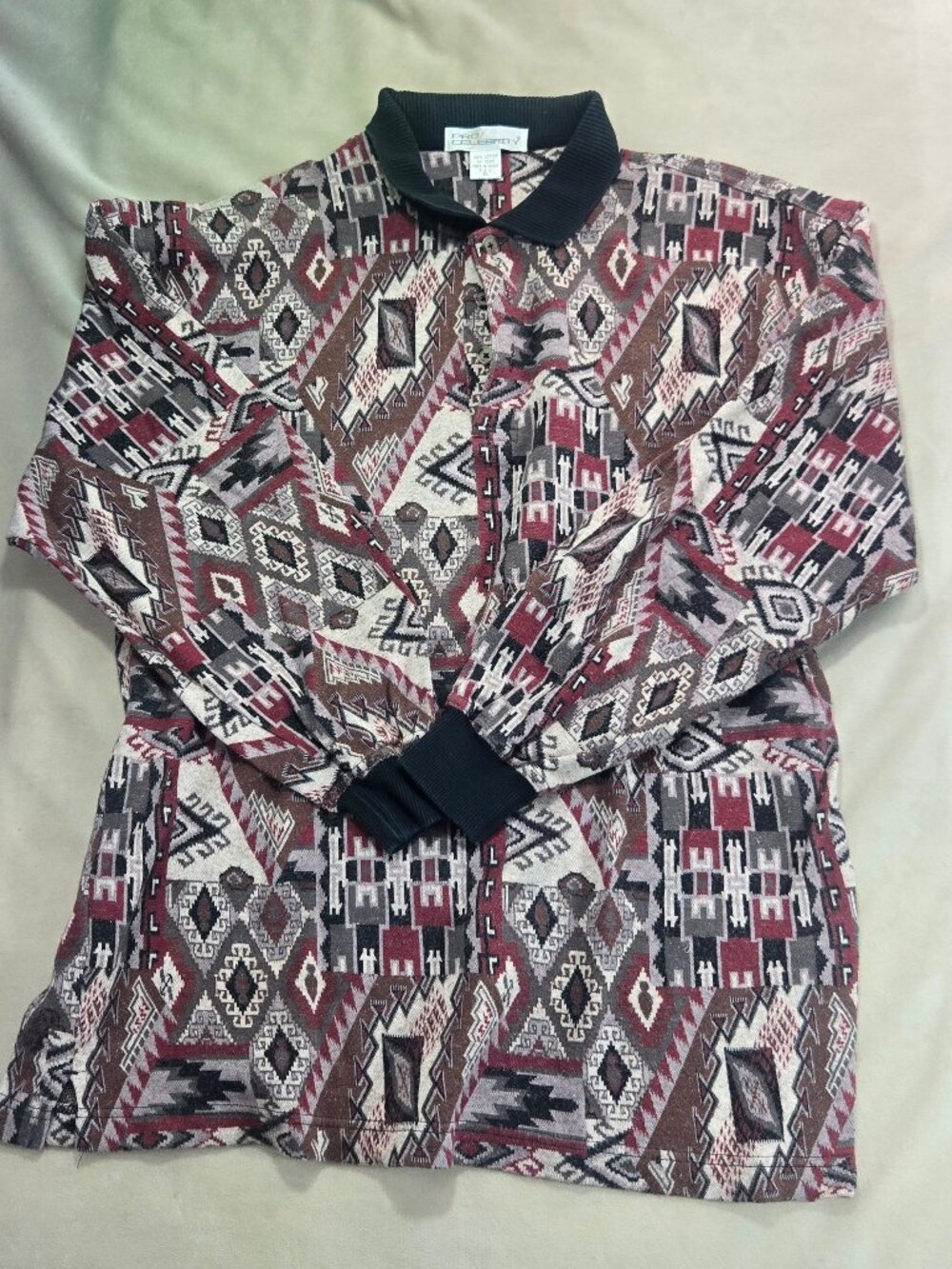 Vtg Pro Celebrity Aztec Geometric Pattern Button Up Shirt Mens XL Maroon Cotton
